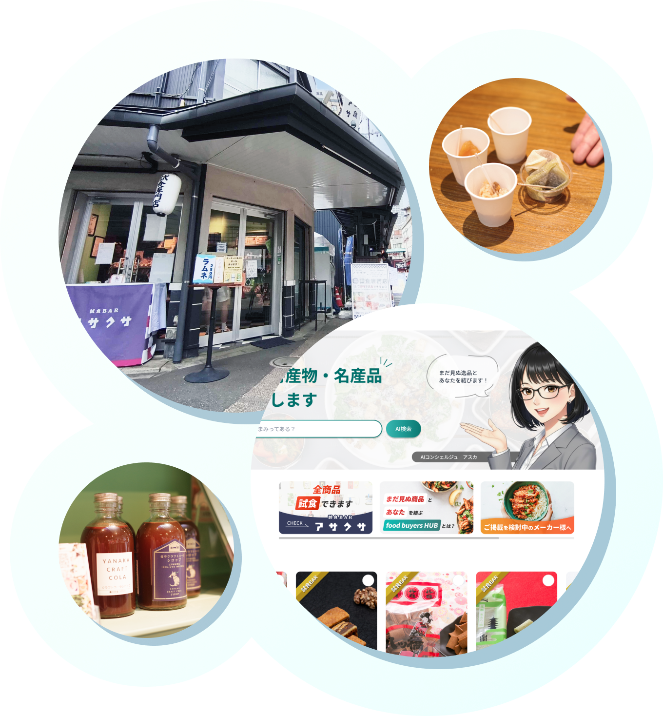 試食BARアサクサの店舗外観、来店客の様子、フードバイヤーズハブのWEBサイト画面、店内の商品陳列